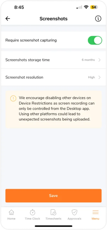 Screenshot capturing settings on mobile